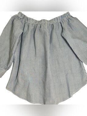 Moa Moa Navy and White Striped Off-Shoulder Peasant Blouse